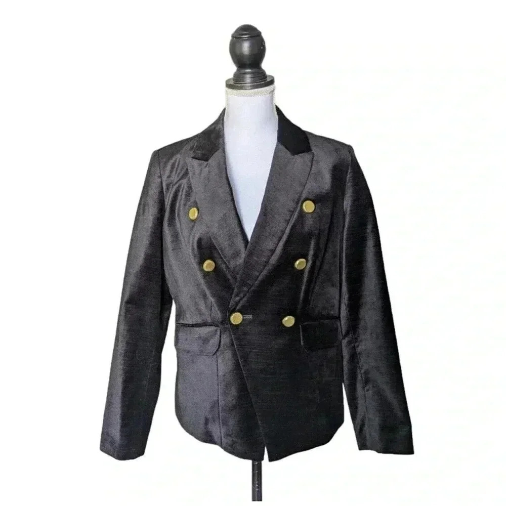Chicos Black Velvet Blazer Size 1 Medium Velveteen Double Breasted Gold Buttons
